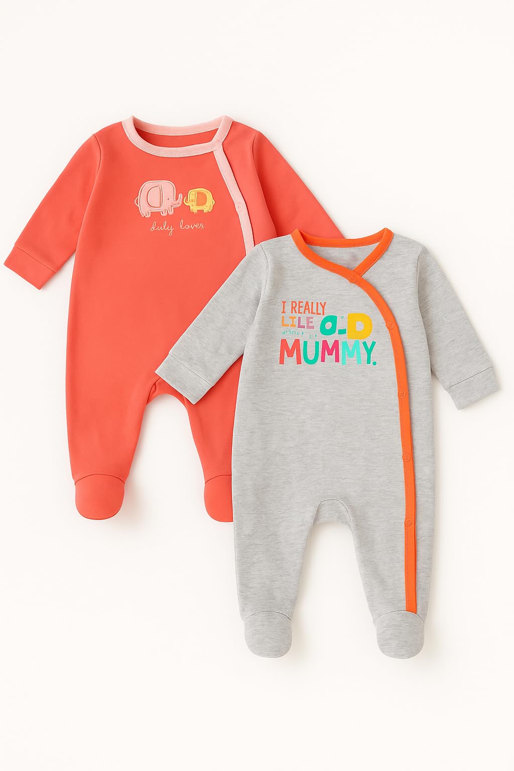 TuddyBuddy 100% Cotton Footed Romper Sleepsuit for Baby (9 Months-12 Months, Pack of 2 - Coral Elephant & Solid Grey) - Image 2 thumbnail