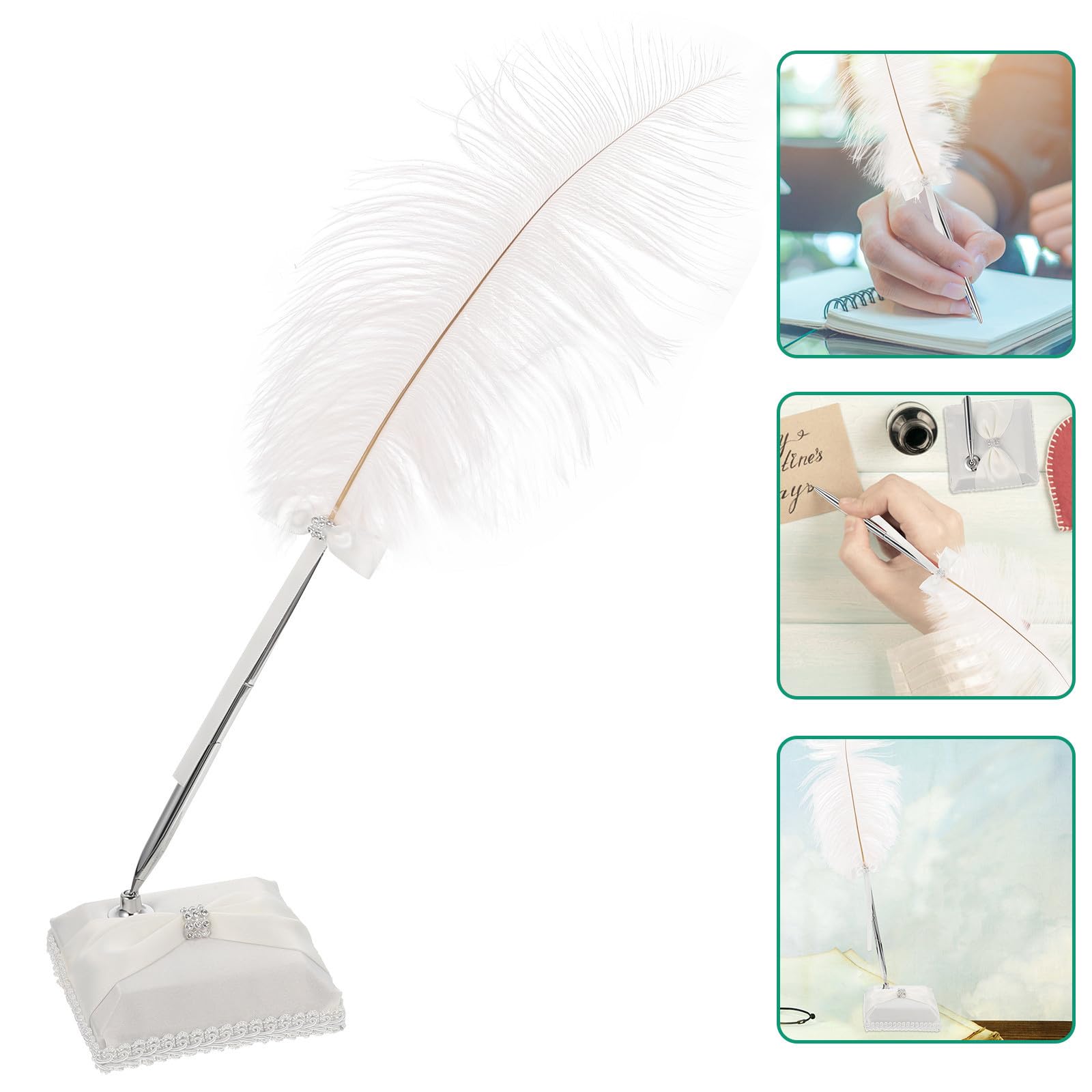Lurrose Penna Elegante da Scrittura con Piuma D'autrucchetto Bianca, Decorata con Strass, in Metallo e Tessuto Lucido, con Pratico Supporto per Occasioni Speciali come Matrimoni