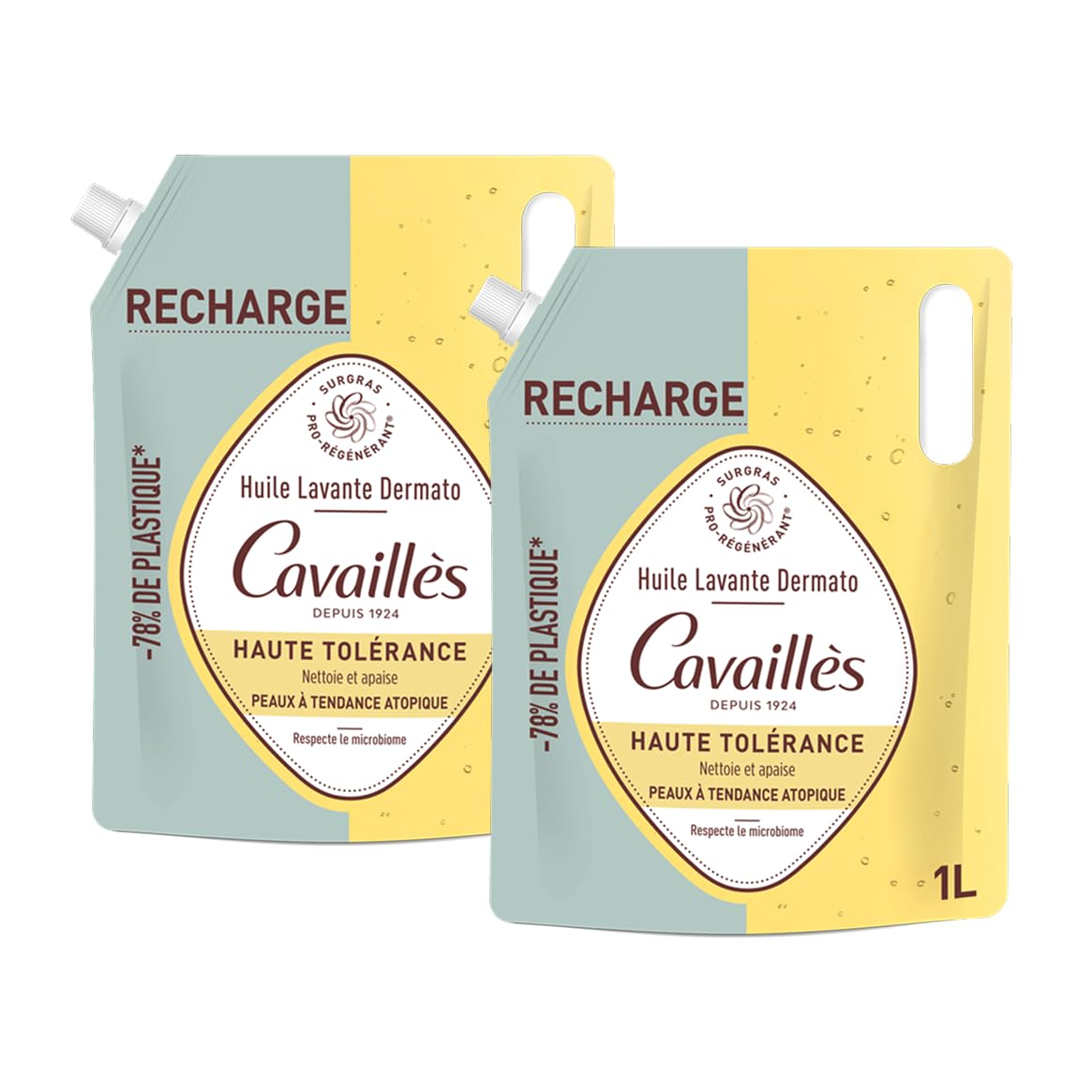 Cavaillès Recharge Huile Lavante Dermato Haute Tolérance Lot de 2x1L – Peaux Sensibles à Tendance Atopique – Surgras Végétal & Inuline – Sans Savon – Format Éco