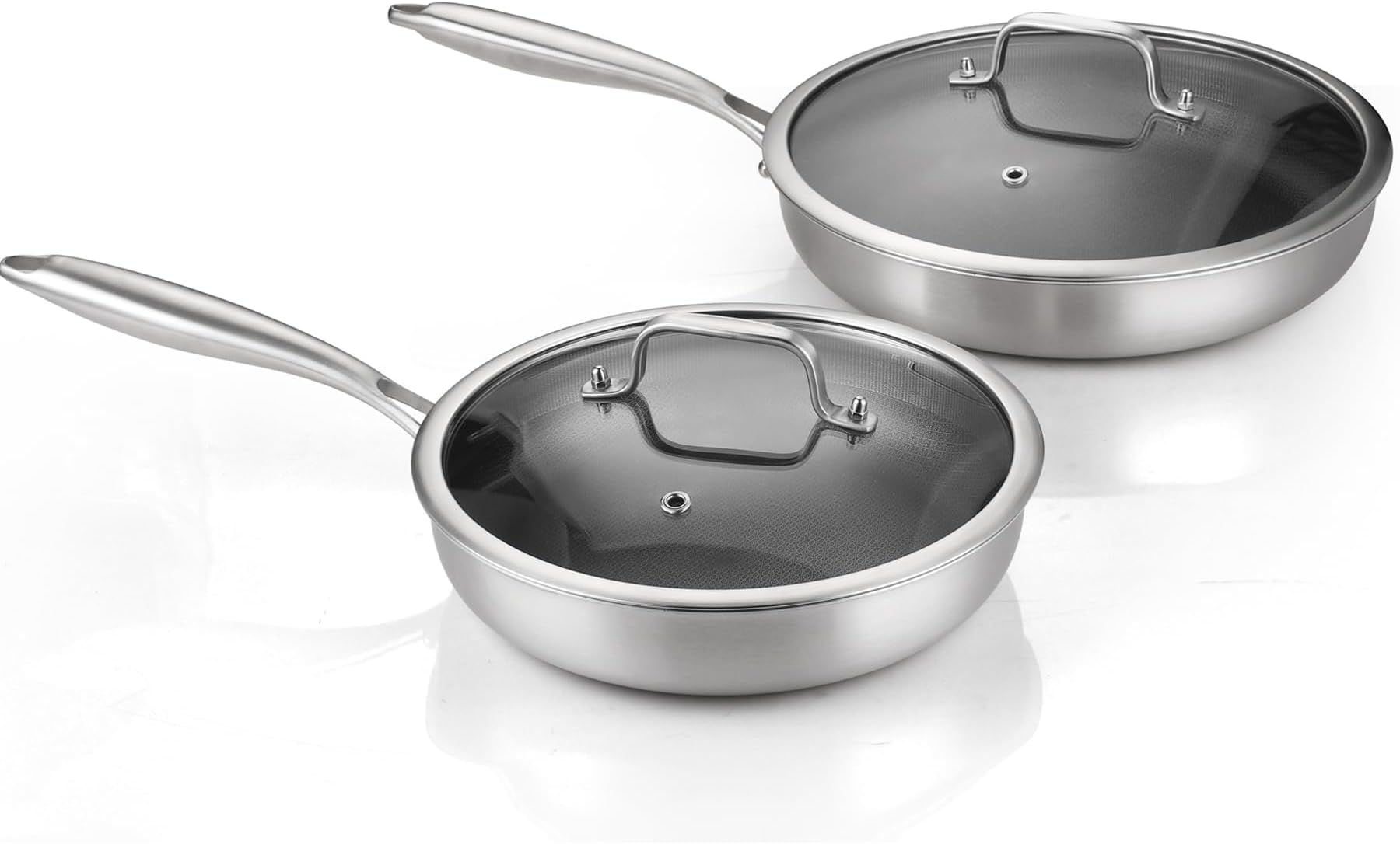 DELARLO Tri-Ply Stainless Steel 8" 12" Frying Pan Set With Lid Nonstick Large skillet, Oven safe induction Chef's Pan,Pots and Pans Set Suitable for All Stove Efficent Fast Even Heating