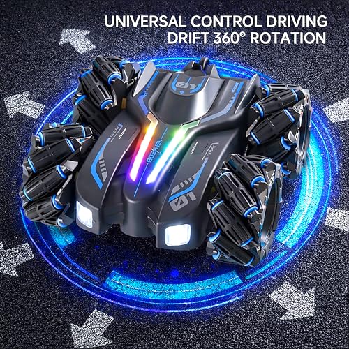 Image of VGRASSP 4WD Rechargeable Dual Control Stunt Drift Car Toy for Kids with Remote Control and Gesture Wrist Controller - 360 Rotating Double-Sided RC Car with Mist Smoke Spray, Lights & Sound - Blue