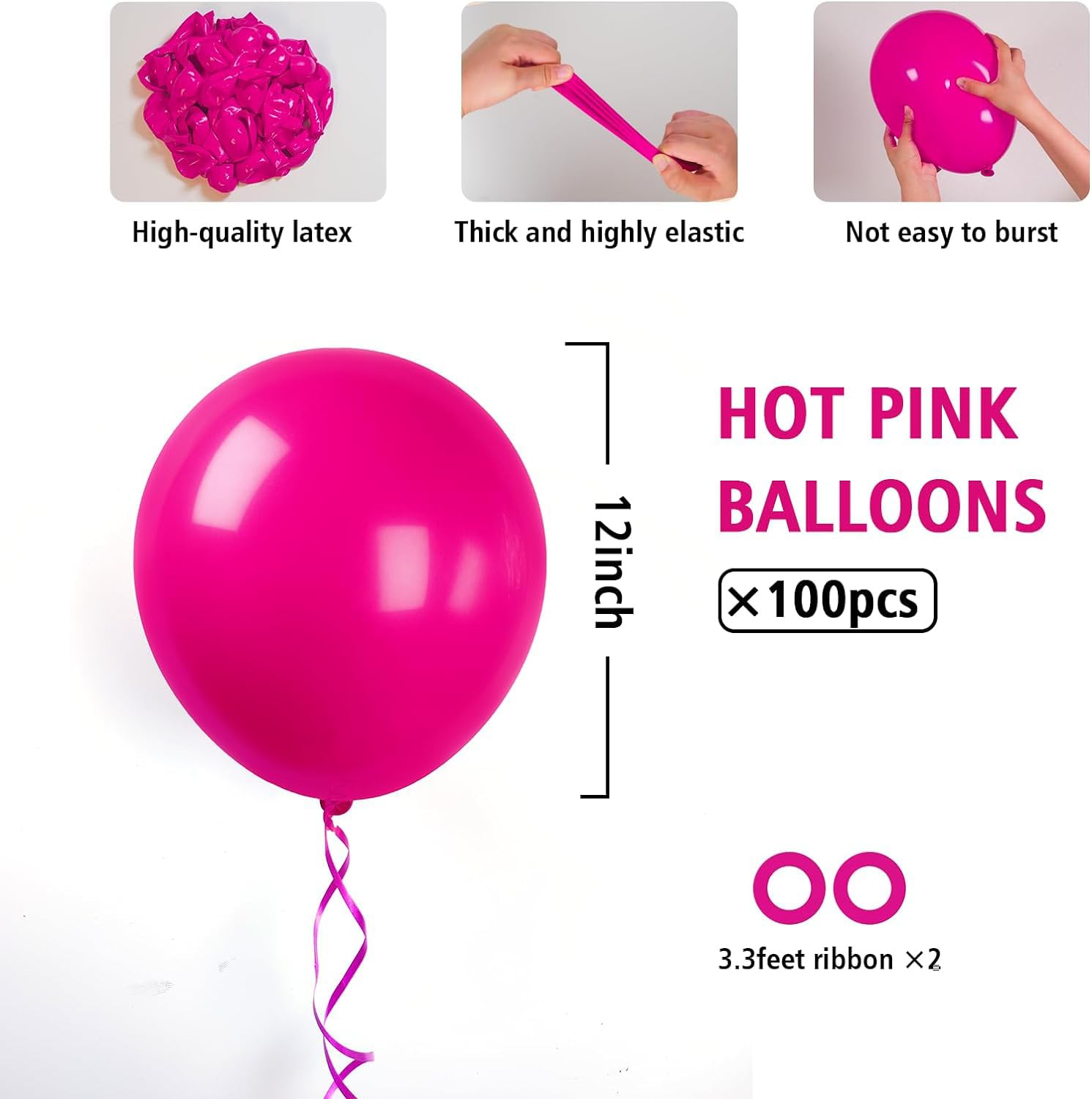 BAUANOOY 100pcs Hot Pink Balloons 12 inch, Bright Pink Latex Balloons with Pink Ribbon for Birthday Wedding Engagement Bridal Bachelorette Tropical Party Decorations