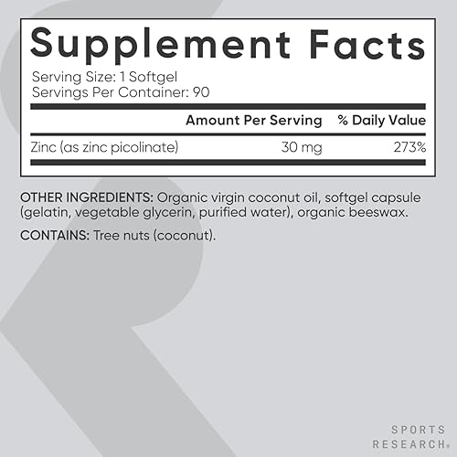 Miniatura 5 de Sports Research Picolinato de zinc de alta potencia 30 mg con aceite de coco orgánico  Suplemento de zinc altamente absorbente para una función