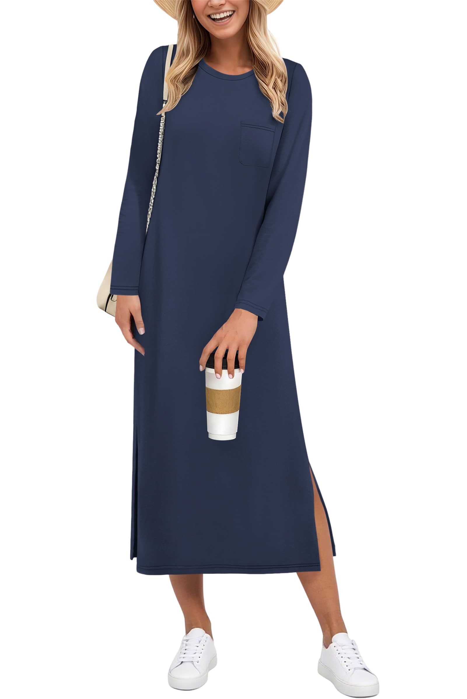AUSELILY Winter Dresses for Women UK Maxi Split Loose Long Sleeve Dress Casual Ladies Dresses Navy Blue M