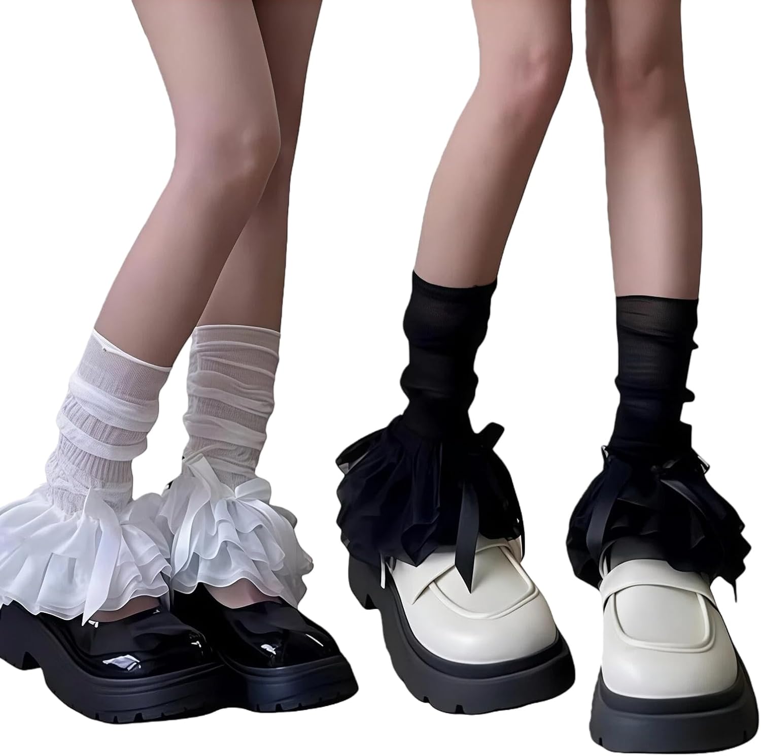 Happyupcity 2 Pairs Lace Leg Warmers for Women Y2K Bow Design Socks Cute Knee Covers for Wedding Halloween Party (White & Black)