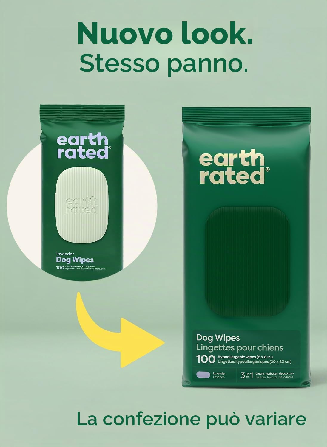 Earth Rated Salviette ipoallergeniche per Cani, puliscono ed eliminano Gli odori da Zampe, Corpo e Sedere, profumati alla Lavanda, 100 Pezzi