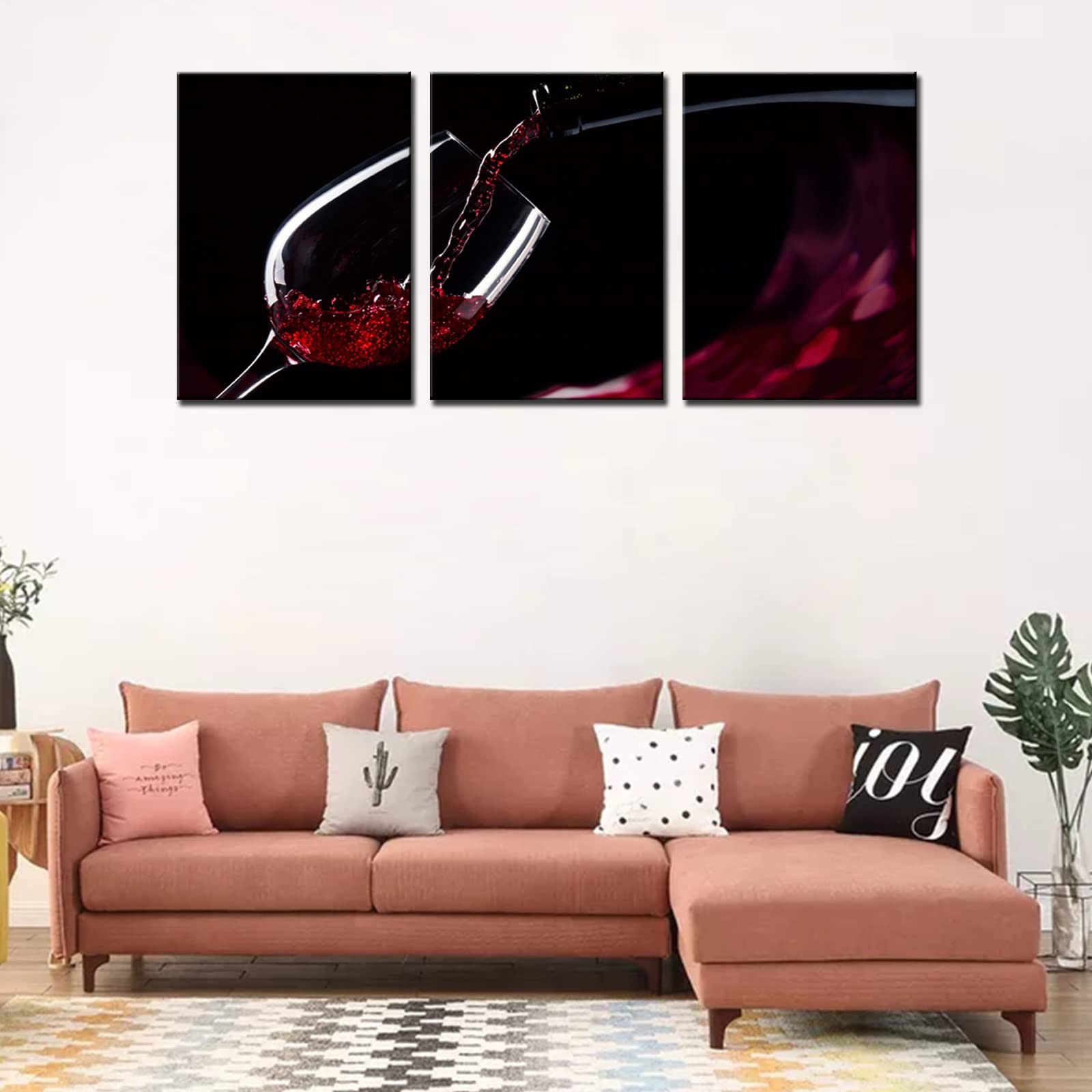 Tucocoo Art Work for Home Walls Red Wine Photographic Pictures Wine Cups Closeup Paintings 3 Panel Canvas Modern Artwork Home Decor for Living Room Wooden Framed Ready to Hang-Large 20x28inchx3Pcs