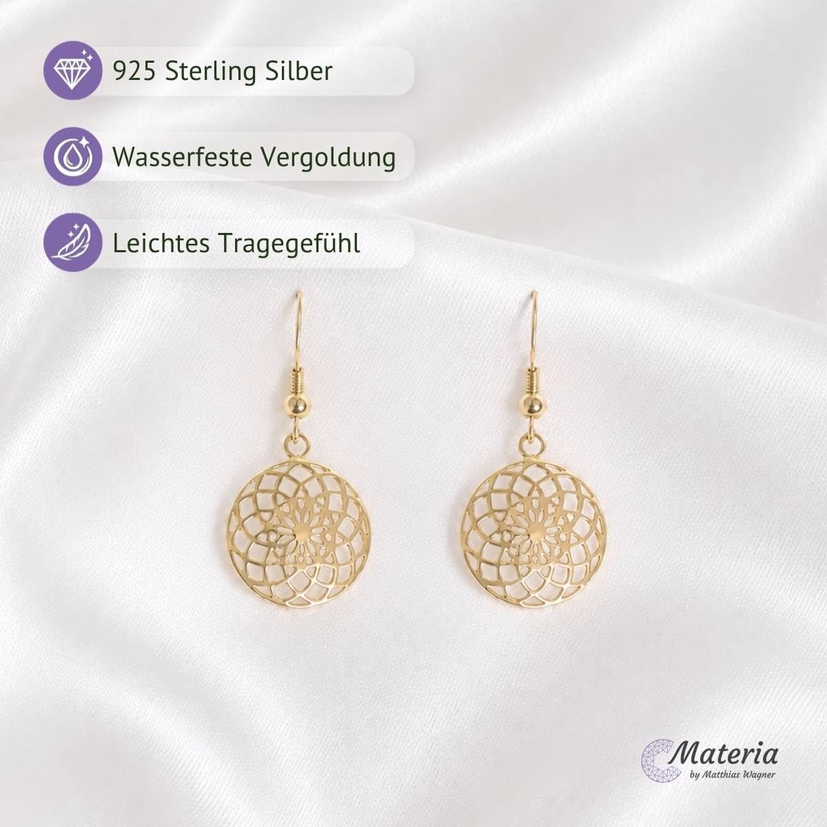 MATERIA Damen Ohrringe Blume hängend rund - 925 Silber Ohrhänger Mandala rhodiniert, rosegold oder gold vergoldet