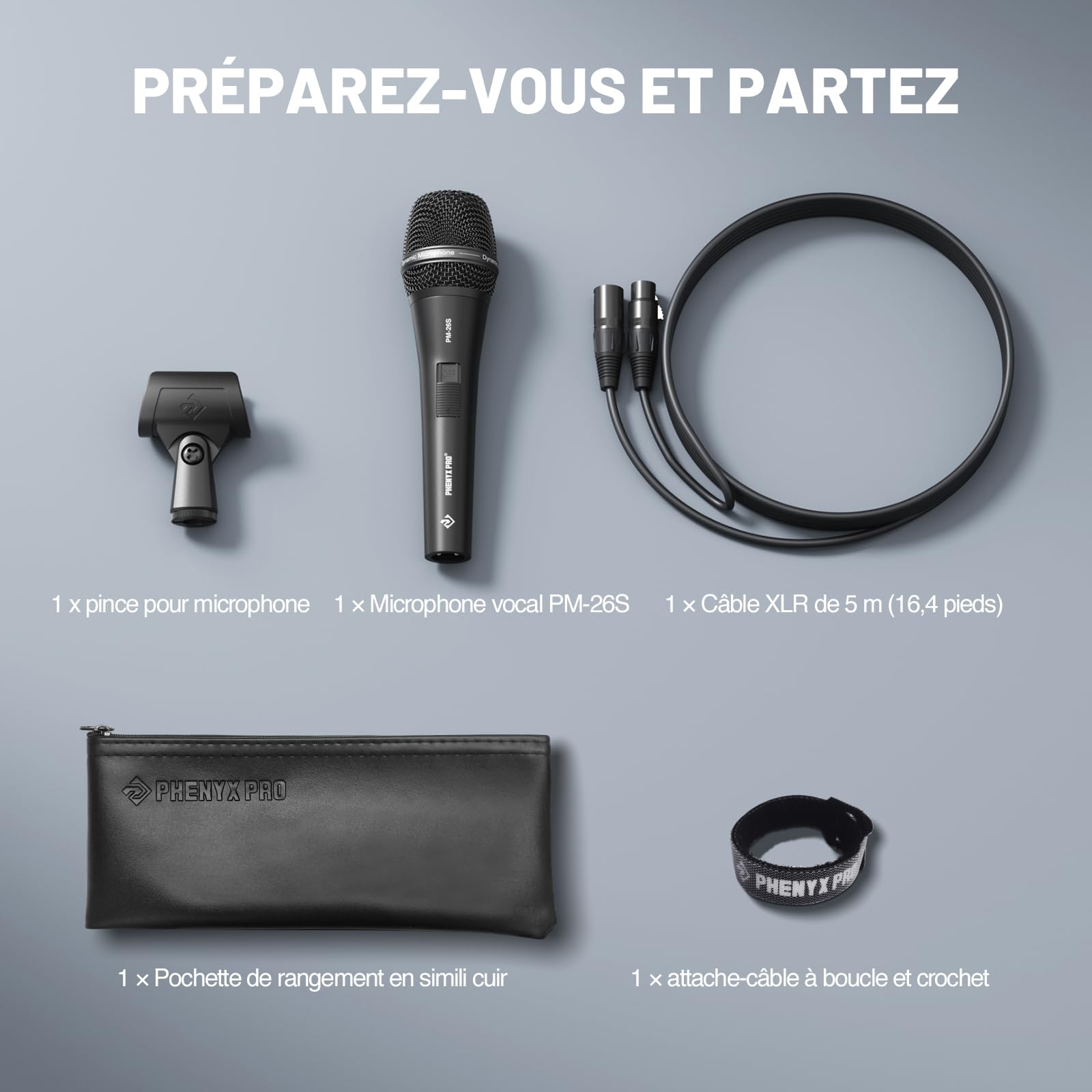 Microphone Vocal Dynamique supercardioïde Phenyx Pro PM-26S avec câble XLR de 5 m, Pince pour Micro et Pochette de Rangement, Micro Filaire à Main pour Chant, scène, Studio et karaoké
