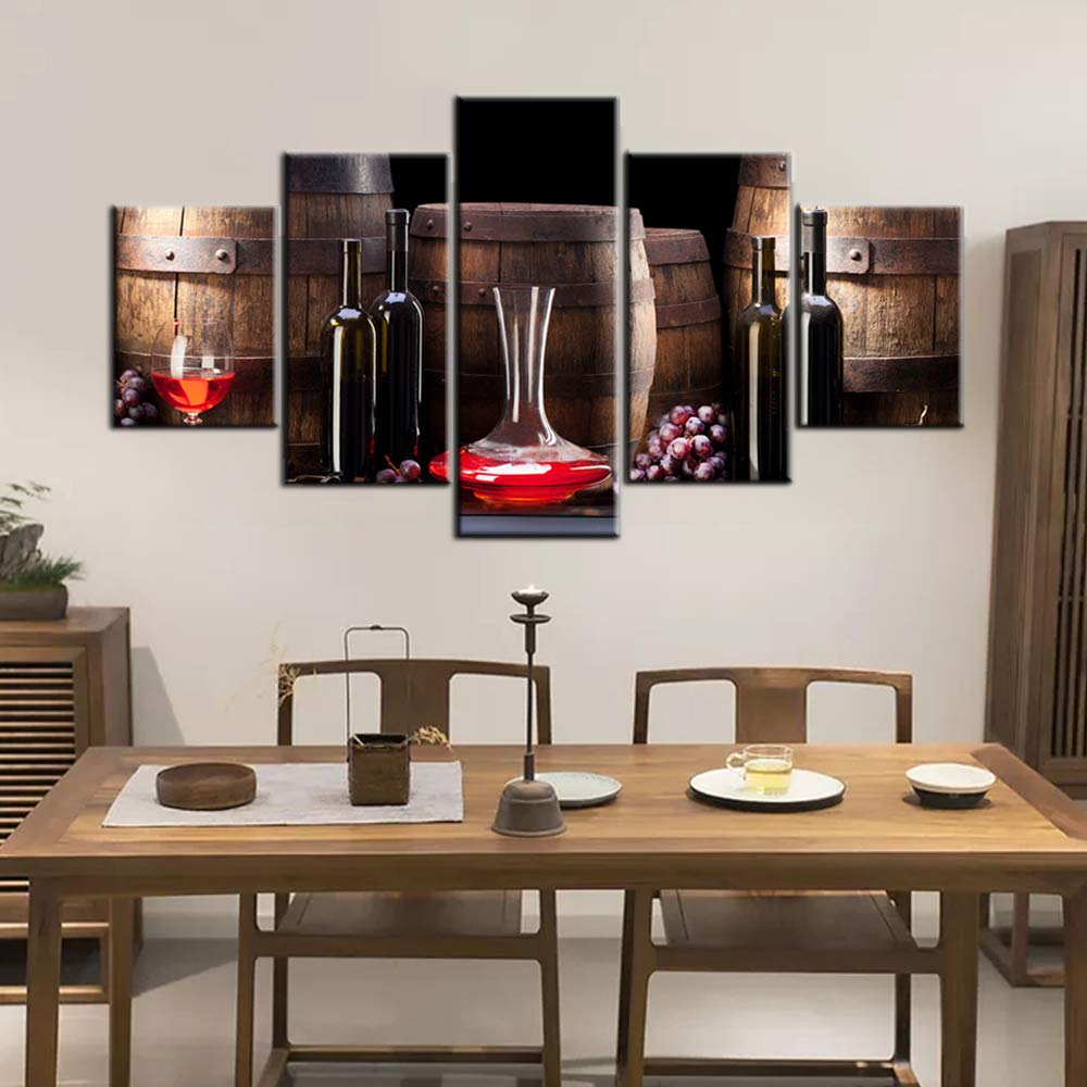 5 Piece Canvas Wall Art Wooden Barrel with Red Wine Artwork Alcohol Beverage Pictures for Living Room Vintage Wineglasses Paintings House Decor Framed Ready to Hang Posters and Prints(60''Wx32''H)