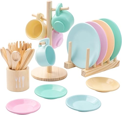 Miniatura 7 de GAGAKU Juego de platos de madera para niños, 27 piezas, accesorios de cocina Montessori, juego de platos y cuencos, soporte de almacenamiento y