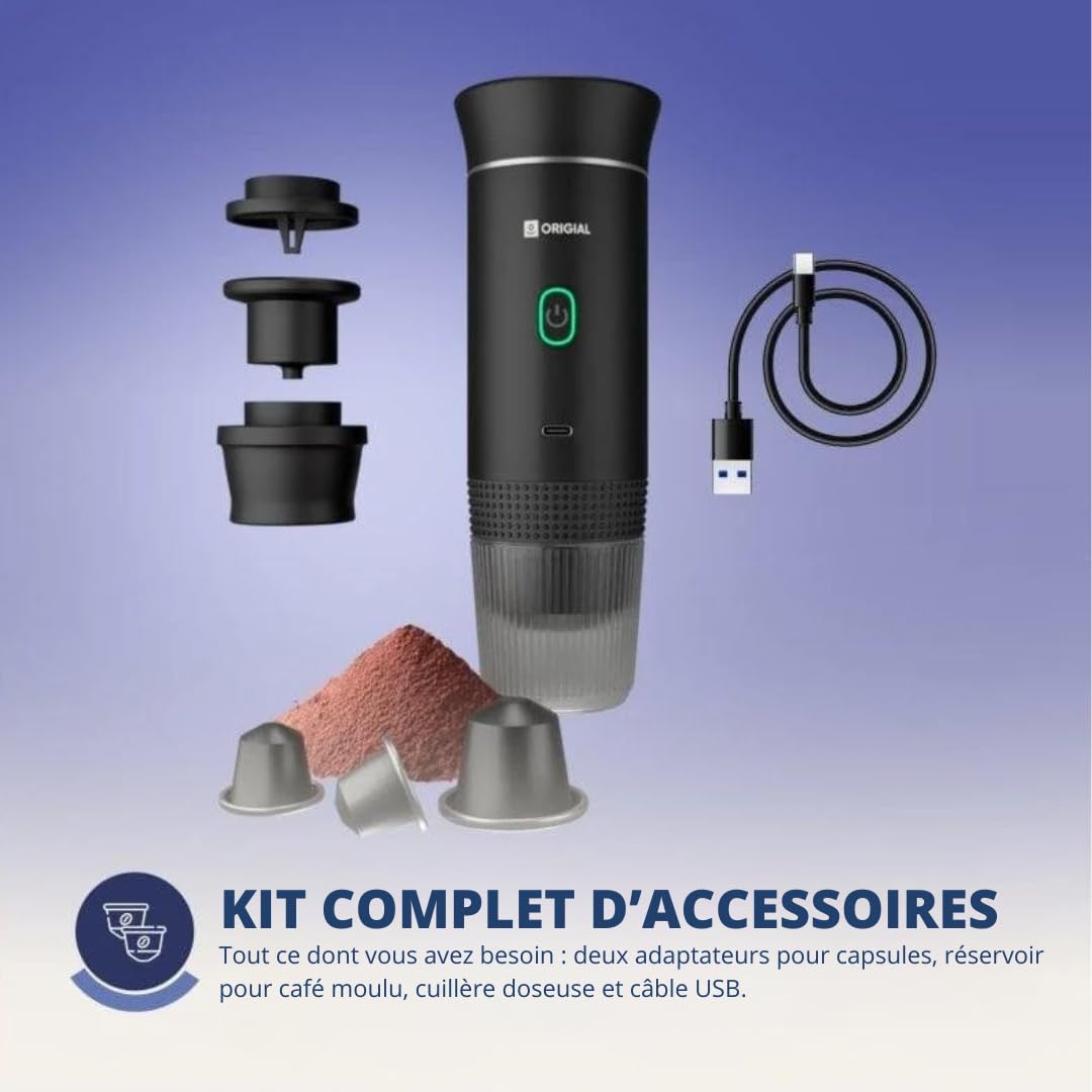 Cafetera Portátil 3 en 1 para Cápsulas y Café Molido, 20 Bares, Batería 7500mAh, Compatible Nespresso y Dolce Gusto, para Viaje, Camping, Coche y Oficina, Negro
