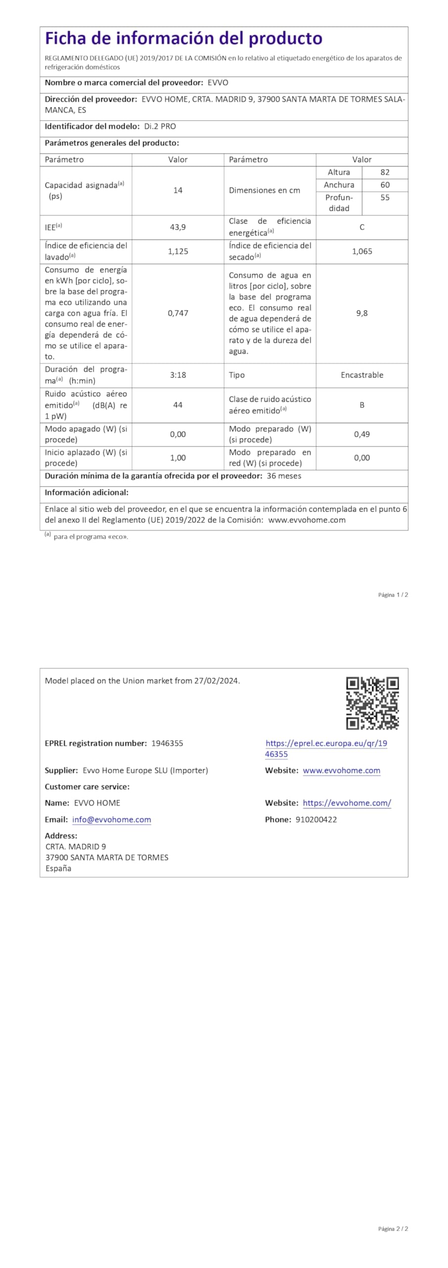 EVVO Lavastoviglie Integrabile Di.2 PRO, 60 cm, Capacità 14 Posate, Indicatore luminoso fine programma, Programma Rapido 30 Minuti, 8 Programmi, Vassoio Superiore Regolabile, Programma Medio Carico