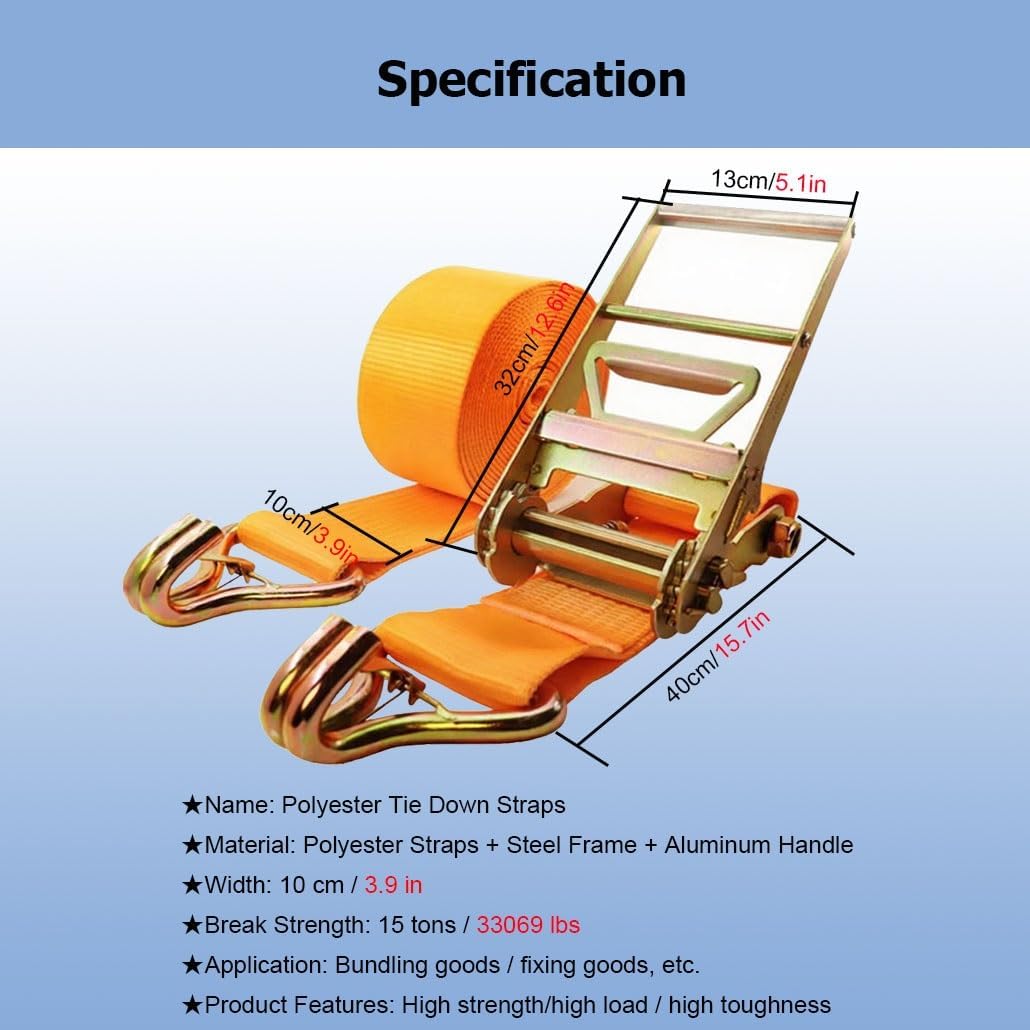 6.6-65.6' Long 4" Wide Ratchet Tie-Down Straps, Heavy Duty Self-Locking Cargo Straps with 2 Hooks for Boat Truck Trailer ATV Kayak Containers Moving Appliances(2.0m/6.6Ft)
