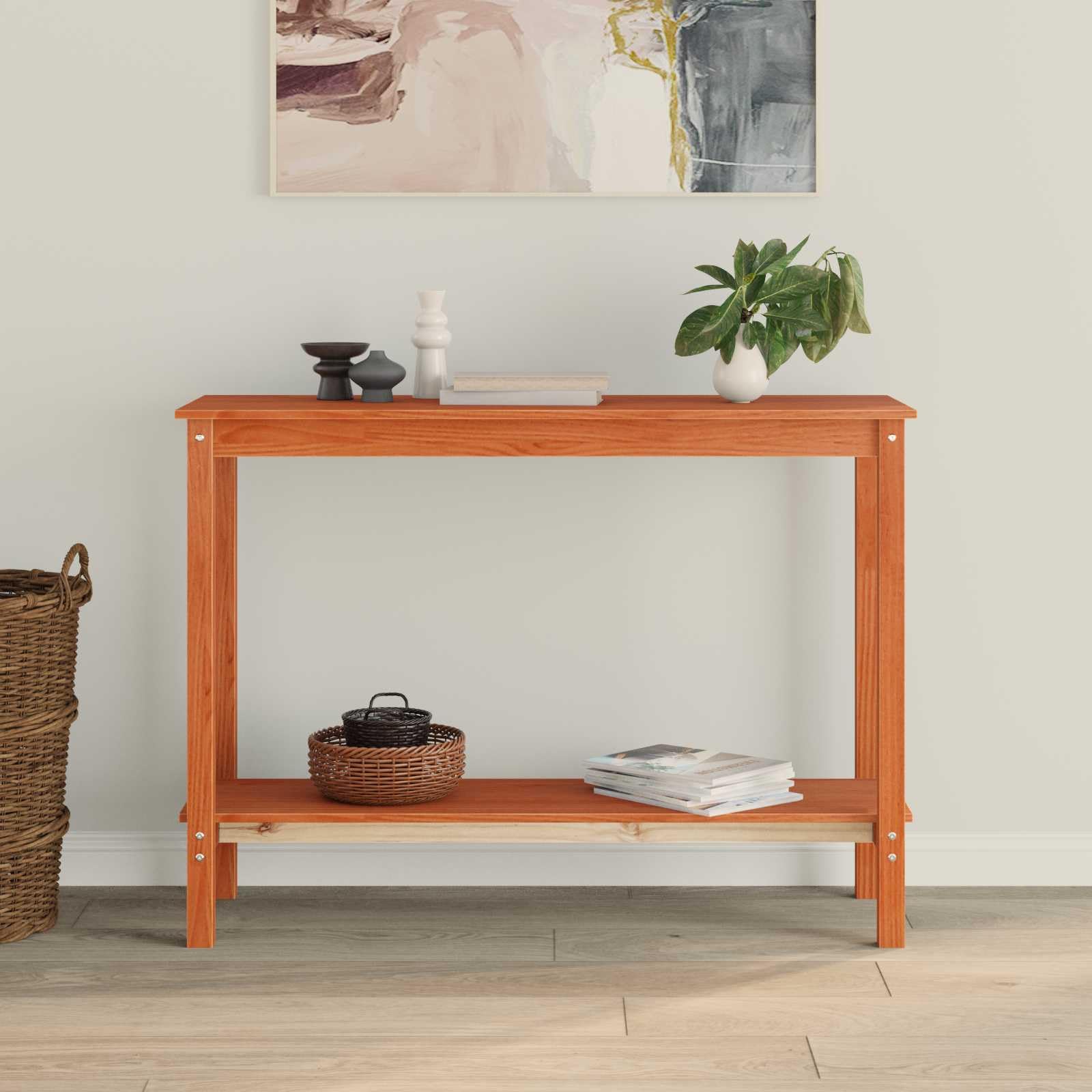 Mesa consola marrón cera madera de pino macizo 110 x 40 x 80 cm con estante, mesa auxiliar versátil para salón, pasillo, dormitorio, estante estable para decoración, libros y bebidas