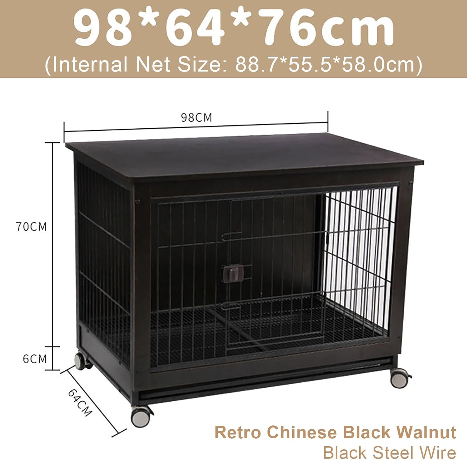 Wooden Dog Cage with Pull-Out Tray-Decorative Heavy Duty Dog Kennel Furniture Indoor -Aesthetic Wooden Dog Crate Furniture-with Lockable Door -for Medium Dogs up to 100 lb. (Color : Brown, Size : 98