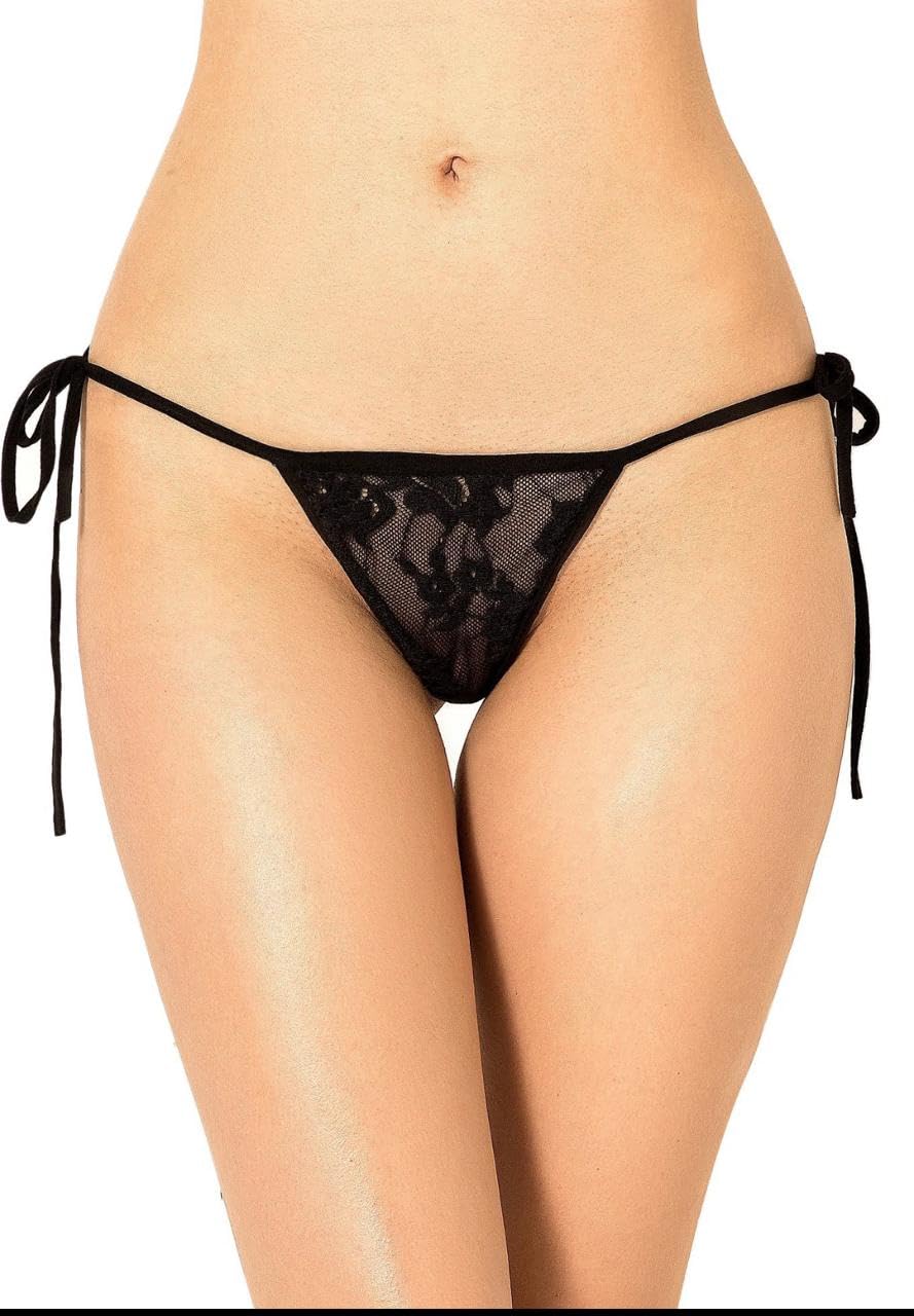 Women's Side-Tie Lace Thong, Black-image-21
