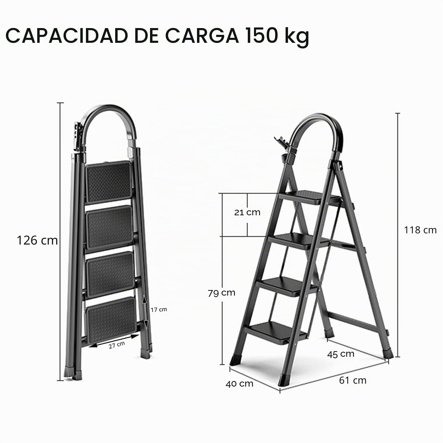 K IKIDO Escalera plegable con pasamanos, 4 peldaños - Antideslizante, fácil de guardar - Peldaños anchos - Adecuada para la cocina, el hogar y la casa - Carga máxima: 150 kg (negro, 4 peldaños)