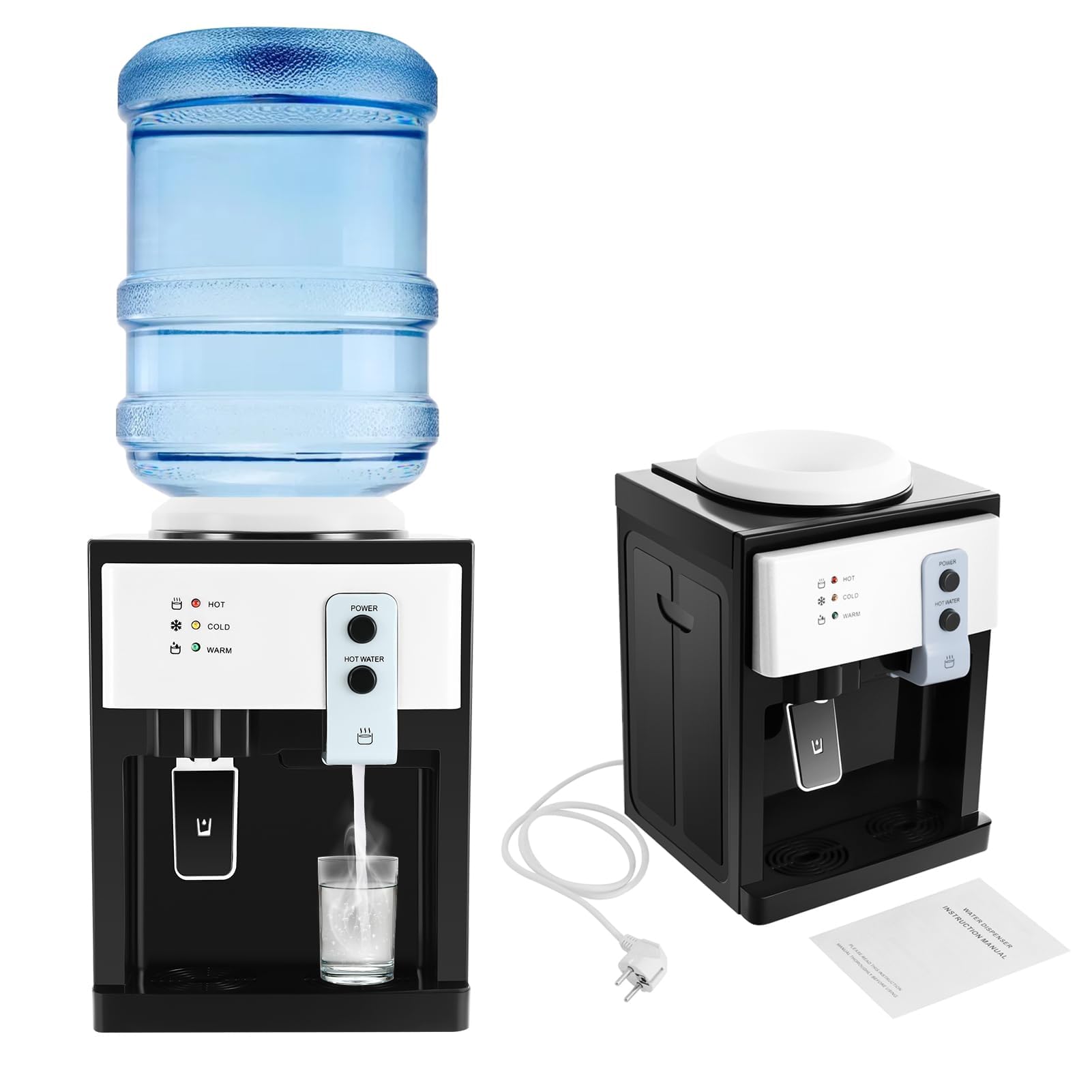 Dispensador de agua, Dispensador de agua eléctrico de 500W + 75W, frío y caliente, doble funció para cubos de 3,5 L, 5 L, 10 L, 18,9 L, Dispensadores de agua fría y fuentes, Hielo/Tibio/Caliente 3 uso