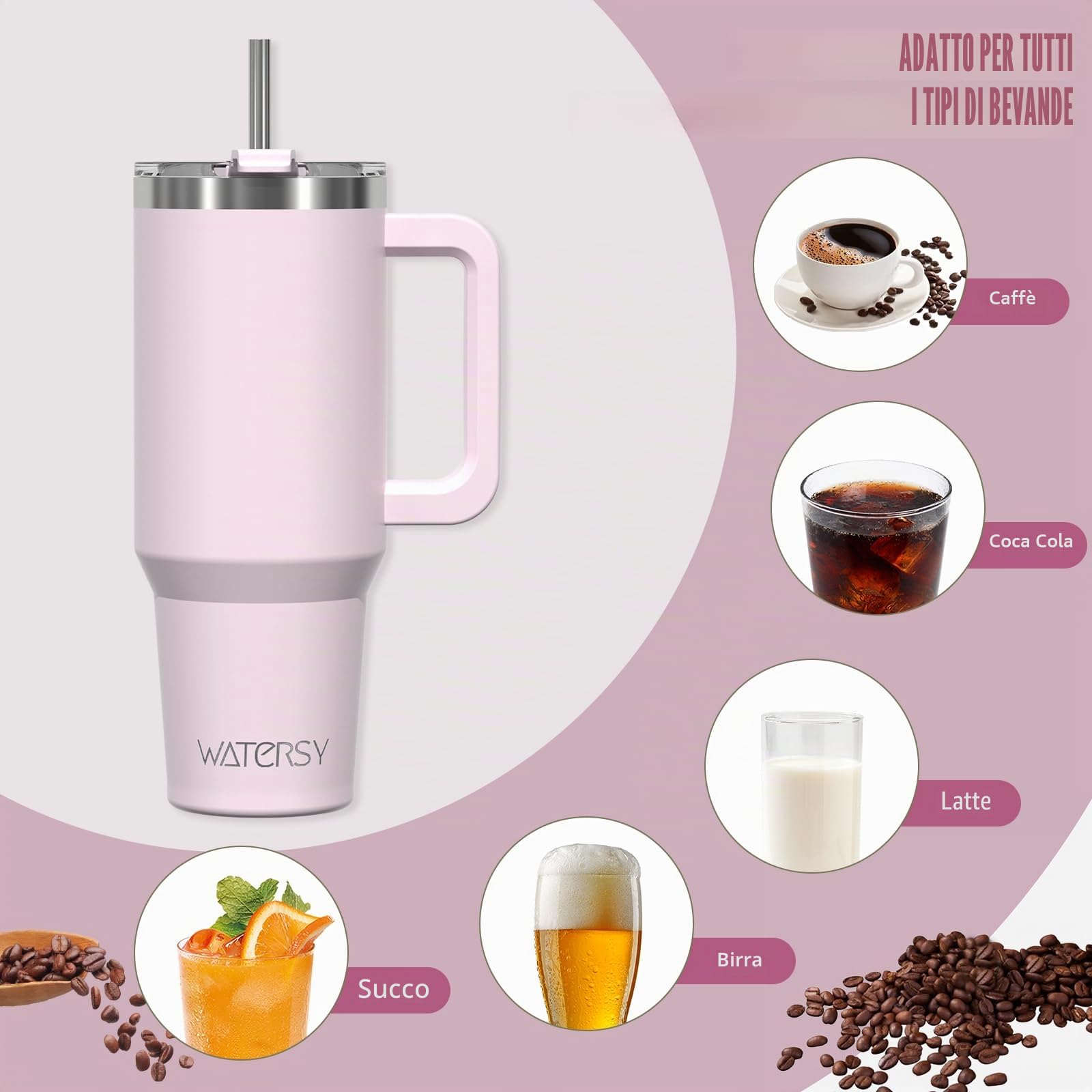 WATERSY 1.2L Bicchiere Termico con Manico, 40 oz Grande Tazza Termica in Acciaio Inox, Tazza da Caffè con Cannuccia, Thermos per Acqua Doppia Parete, per Palestra, Auto e Viaggio (Rosa Chiaro)