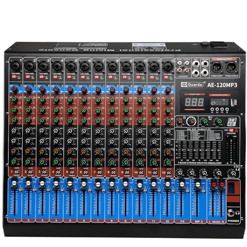 Audio Mixer, 12 channels with 256 DSP Effects, 7-band EQ,Independent 48V Phantom Power&Mute Button,Bluetooth Function,USB Interface Recording For Studio & Stage Guarda Audio(AE120)