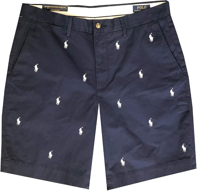 Polo Ralph Lauren Mens Stretch Classic Fit Flat-Front 9" Pony Logo Chino Shorts (31, Navy/White Pony)