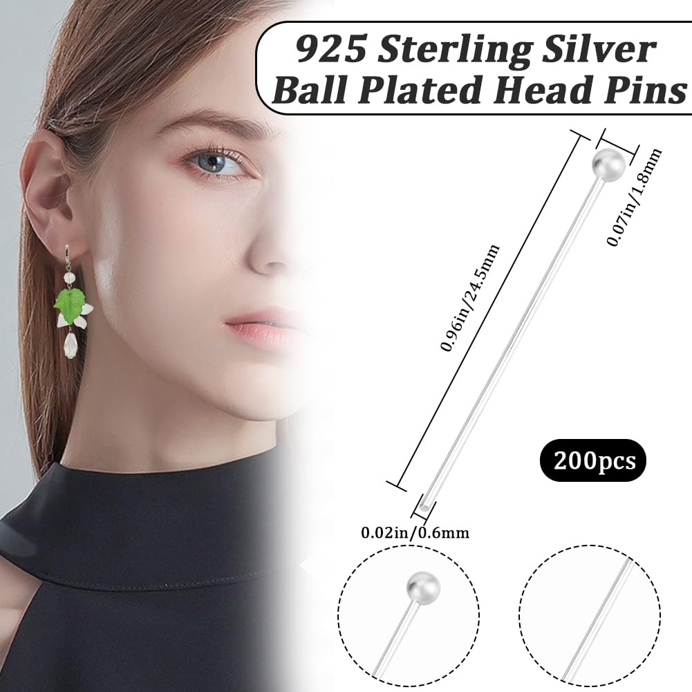 Beebeecraft 1 Box 200Pcs Ball Head Pins 925 Sterling Silver Plated Brass 24.5mm Earring Pins Silver Ball Pins for Jewellery Making Accessories DIY Earrings - Image 2