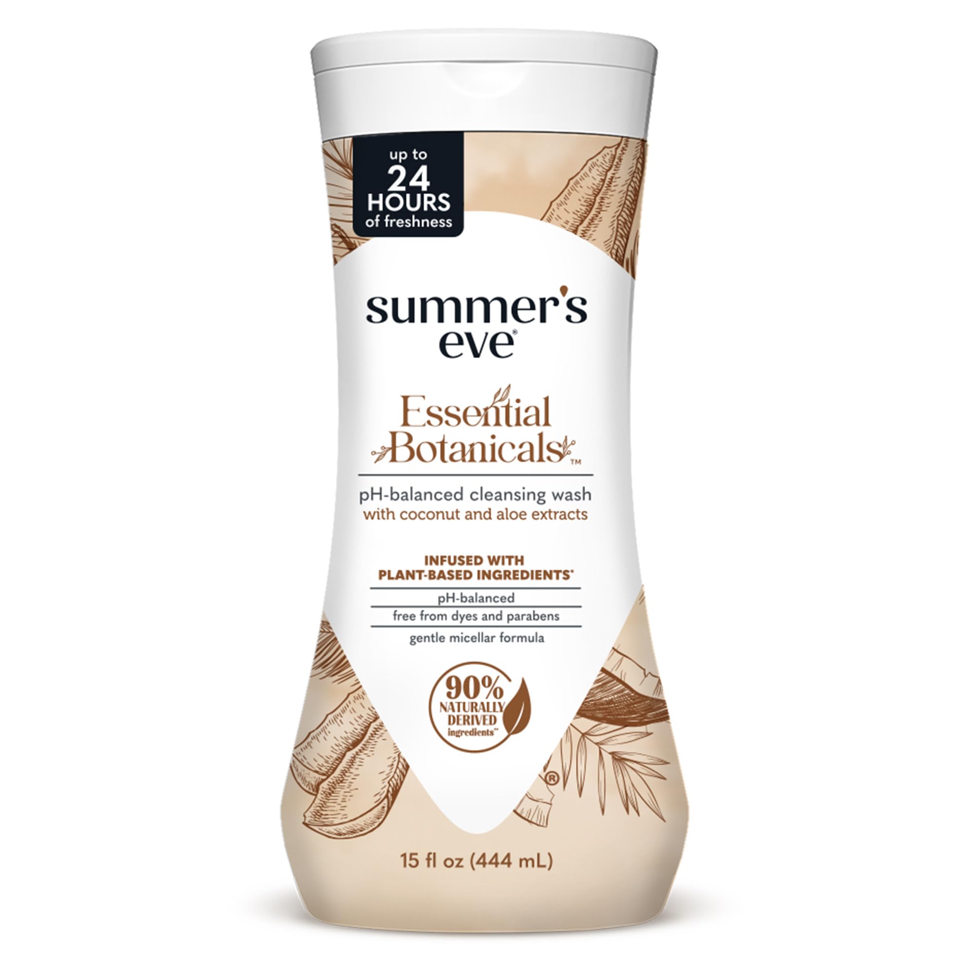 Summer’s Eve Essential Botanicals Daily Feminine Wash, Coconut Aloe, Gentle pH-Balanced Body Wash for Women, Feminine Care to Remove Vaginal Odor, Gynecologist Tested, 15 fl oz