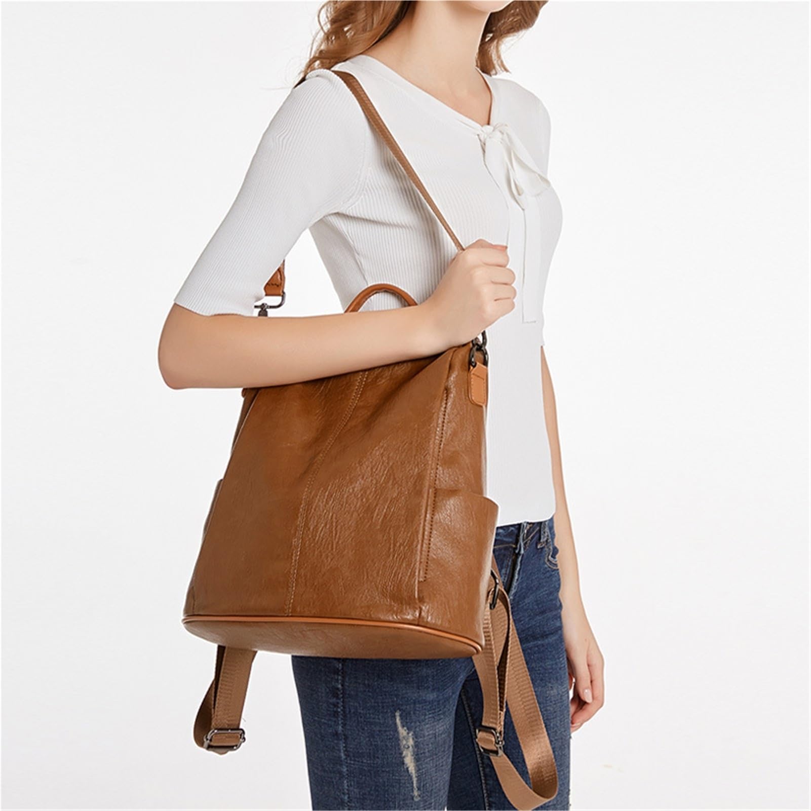 Mochila antirrobo de cuero suave y elegante, mochila de hombro for mujer | Mochila retro for mujer con múltiples bolsillos, dos estilos de uso for viajes de trabajo(Black02)
