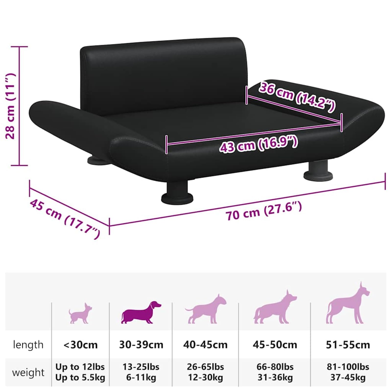 Hundebett Schwarz 70x45x28 cm Kunstleder Kiefernholzrahmen | Wasserdichter Kunstlederbezug, stabiler Kiefernholzrahmen, leicht abwischbar, 50 kg Tragkraft