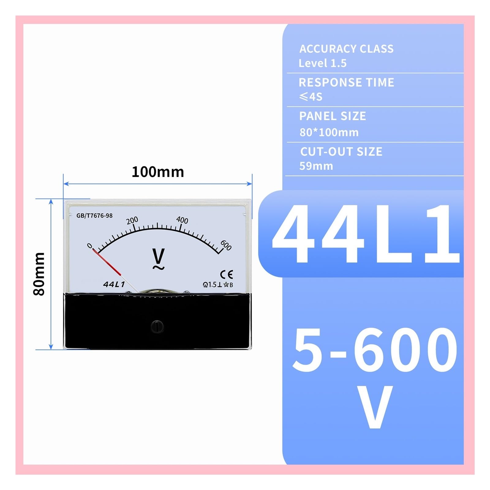 Instrumentos de panel de corriente analógica, Amperímetro analógico Voltímetro Panel Medidor DC AC 1V a 1000V 80 mm x 100 mm(44L1 AC,300V)