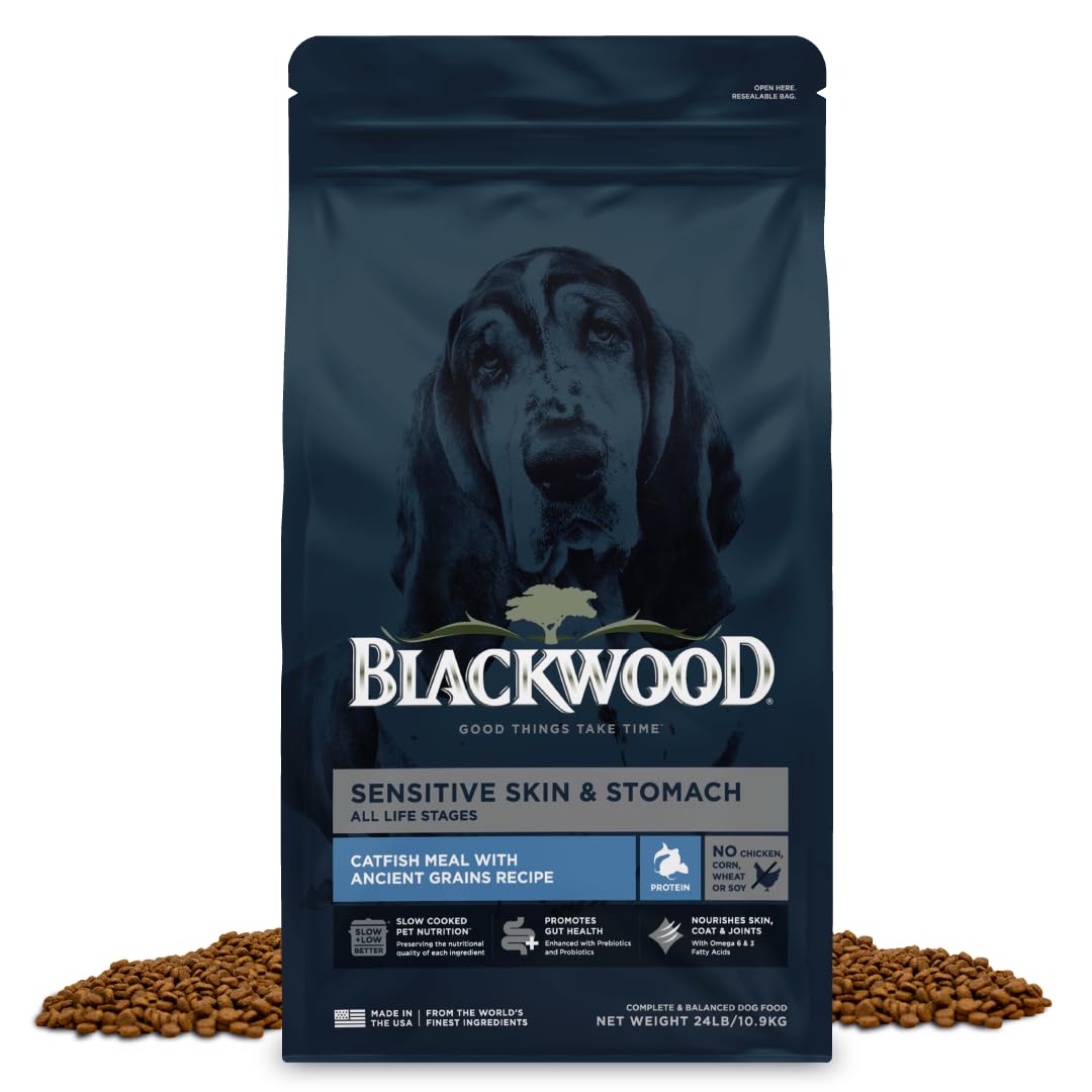 Blackwood Sensitive Skin & Stomach Dry Dog Food, Catfish Meal & Brown Rice with Ancient Grains, 24 Pound Bag with Prebiotics & Probiotics to Promote Gut Health