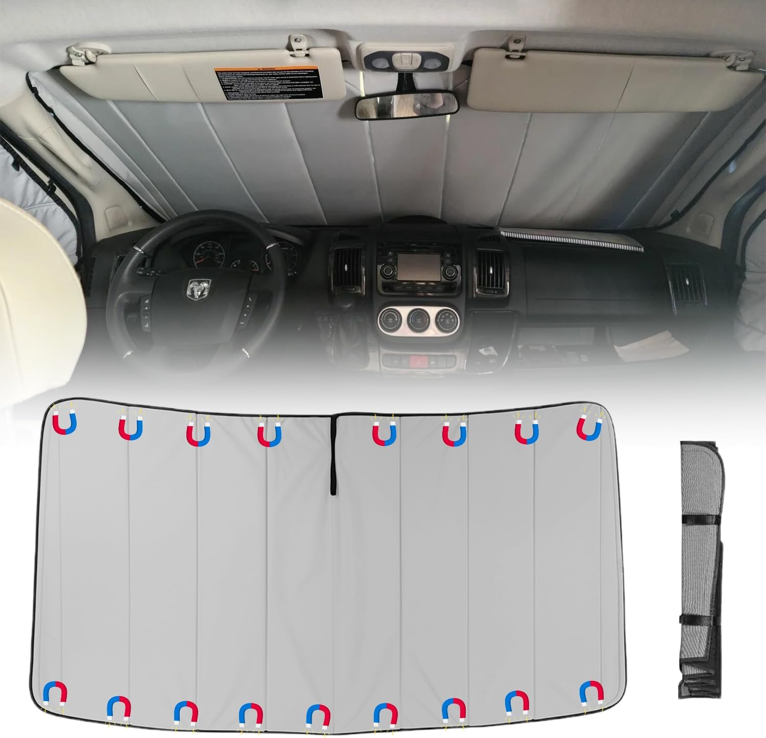 Ram promaster Window Covers (2014-present), Magnetic Fit, Built-in 5.0mm Premium Insulated Fireproof Foam, Sunshade, Shade, Durable, Portable (Front Windshield)