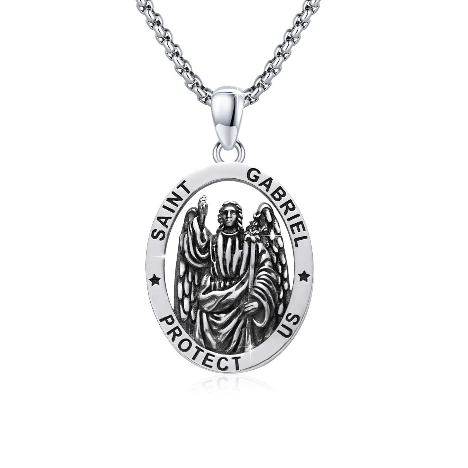 OHAYOO Collar de San Gabriel de plata de ley 925, collar de Arcángel Gabriel, colgante de San Gabriel, amuleto, medalla, joyería para hombres y mujeres