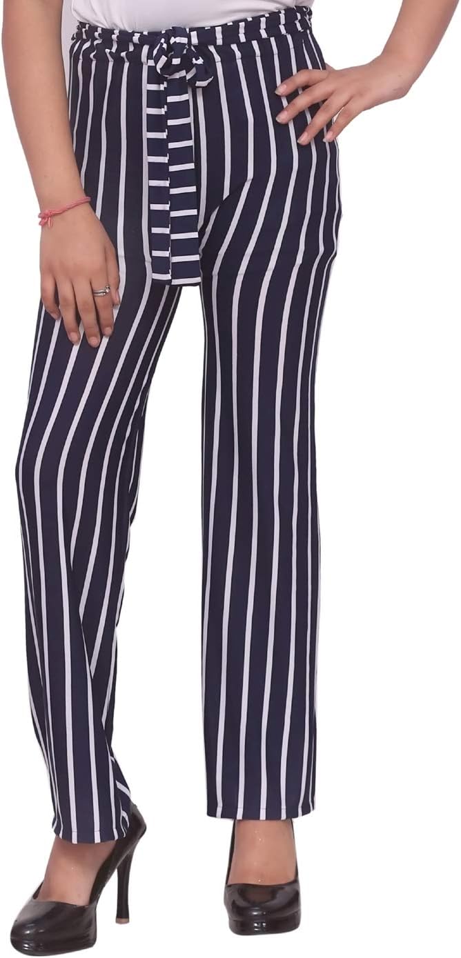 Sky Touch High Waisted Black & White Striped Polycotton Plazzo Trouser Pants for Girls -Blue (12-13 Years)