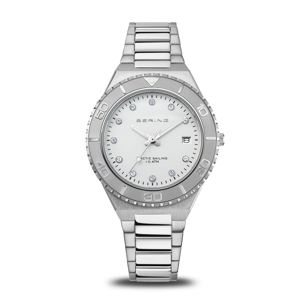 BERING Damen Quarz Uhr | Armbanduhr 36 mm silbernes Edelstahlgehäuse und weißes Zifferblatt | Edelstahlband mit Edelstahlelementen | 10 ATM | 18936-704
