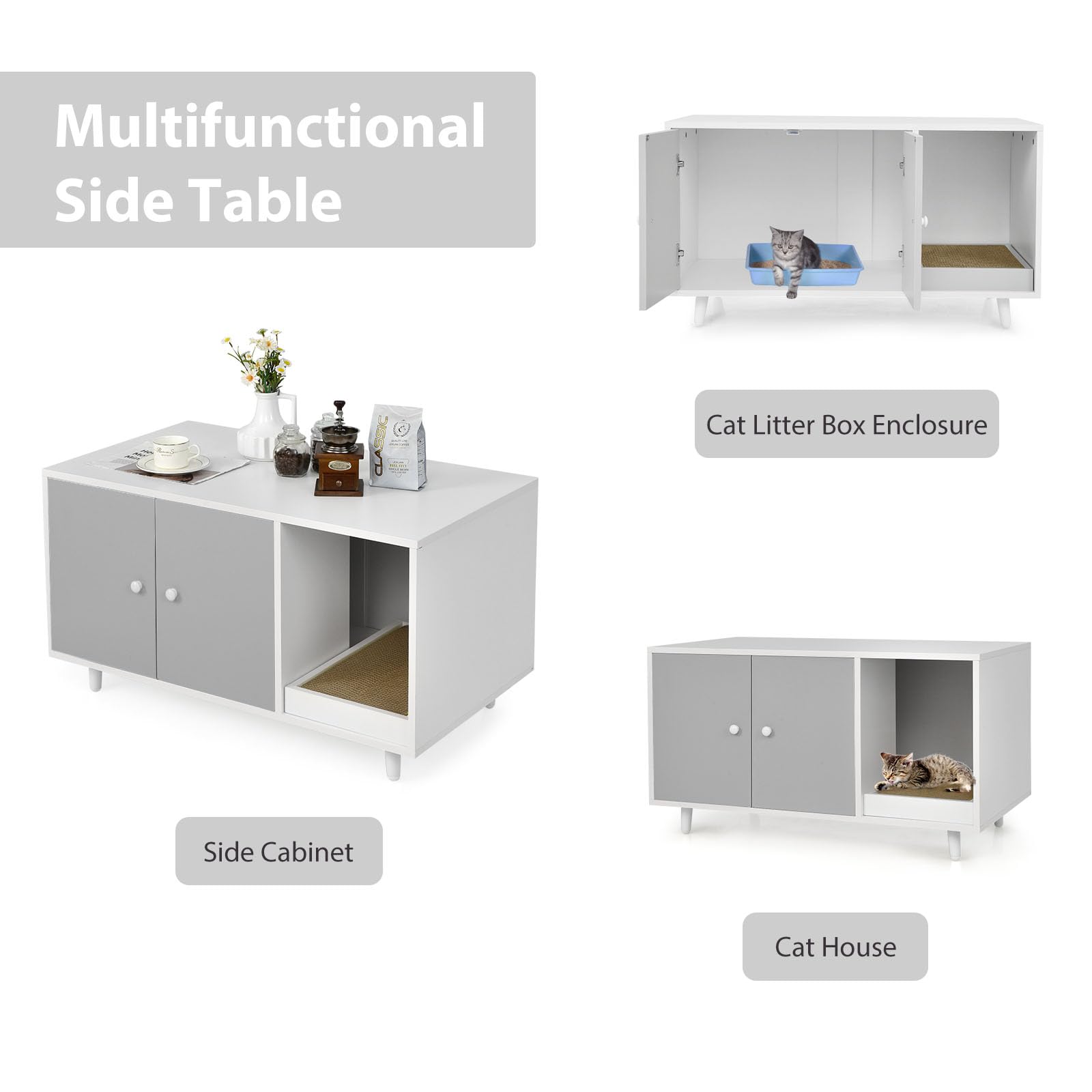 LIFEZEAL Armadietto per Gatti 2 in 1 Con Tavola Tiragraffi, Tavolino Con Casetta, 2 Ante e Gambe Sollevate, Lettiera, Marrone (Grigio)