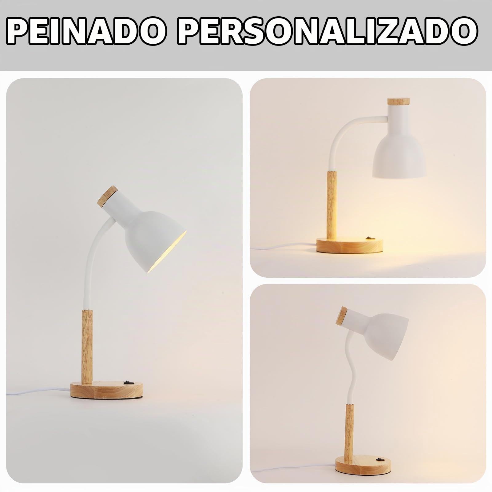 Lámpara de mesa de madera y metal, lámpara de noche de metal, dirección de cabeza de lámpara ajustable, adecuada para dormitorio, sala de estudio, habitación infantil, E27, D15 x H47