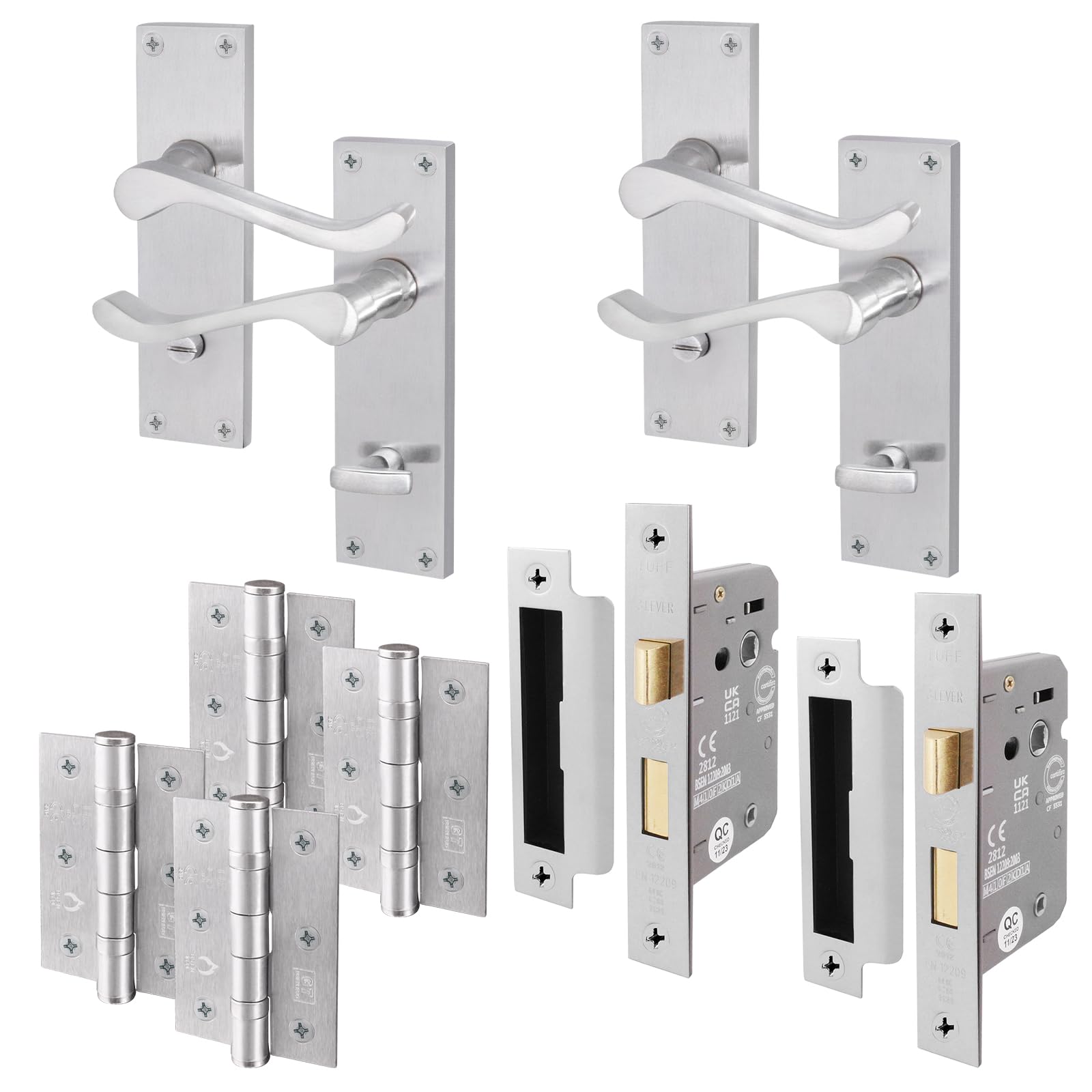 EAI Satin Victorian Scroll Bathroom Door Handle Set | 2 Pairs of Satin Chrome Internal Lever Handles on Backplate with Hinges (76mm) & Locks (64mm)