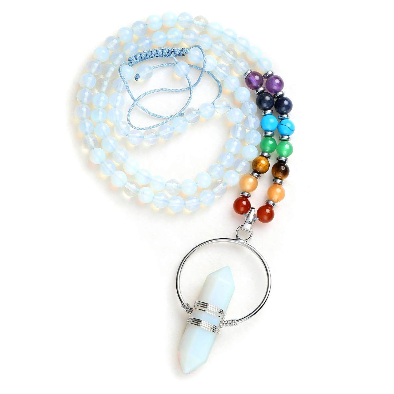 JSDDEJSDDE 7 Chakra Crystal Beads Necklace Hexagon Prism Point Healing Gemstone Meditation Pendant Necklace (Synthetic Opalite)