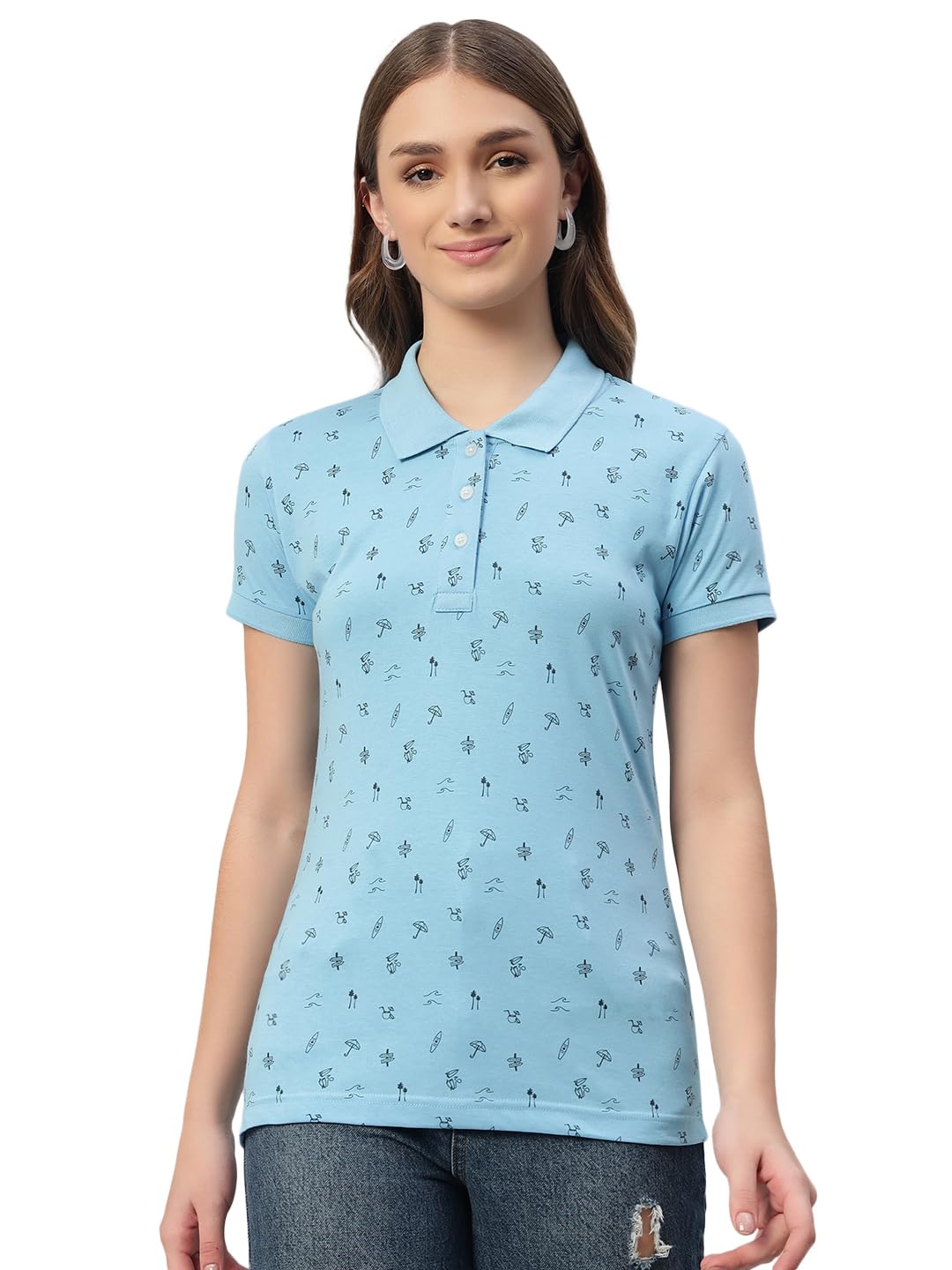 xyris Women Printed Polo Neck Half Sleeve T-shrit-2006-SKY-picture-37