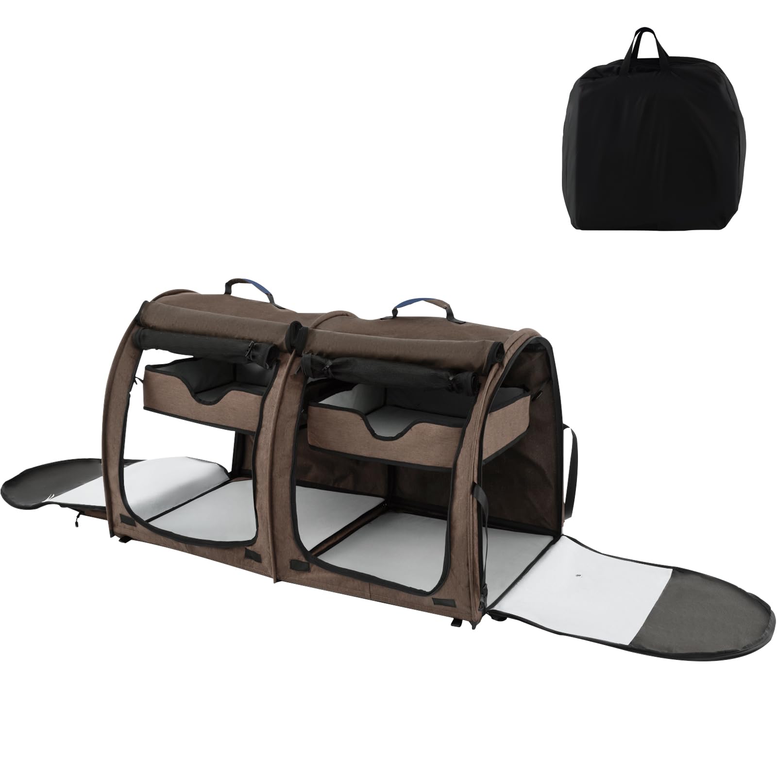 Maxmass Double Soft-Sided Pet Carrier, Portable Pet Travel Crate with 2 Compartments, Detachable Hammocks, Litter Box and Carrying Bag, Collapsible Dog Kennel for Small & Medium Cats Puppies (Brown)