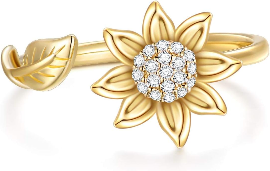 SISGEM Solid 14K Gold Sunflower Rings for Women Flower Engagement Rings, You are May Sunshine Rings Jewelry Gifts for Wife, Mom, Mother's Day, Anniversary