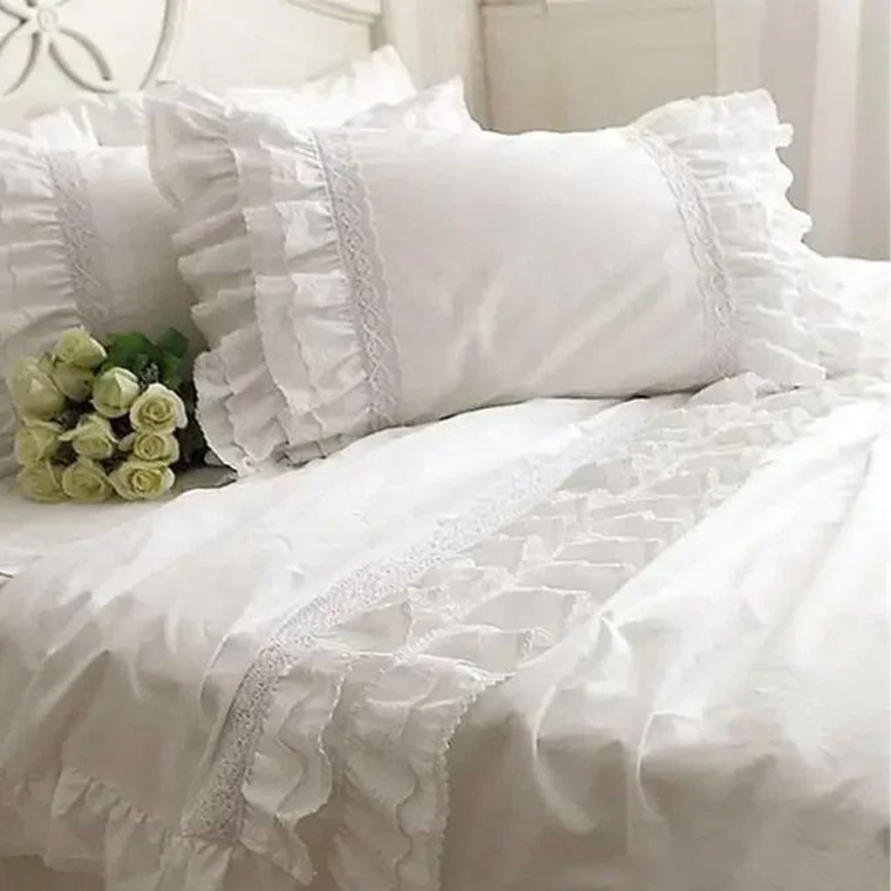 Nuiorfty White Ruffle Pillow Case, 19X29 Inch Embroidery Cotton Pillow Case With Matching Lace & Ruffle, Washable Shabby Pillowcase For Couch Bed Decoration