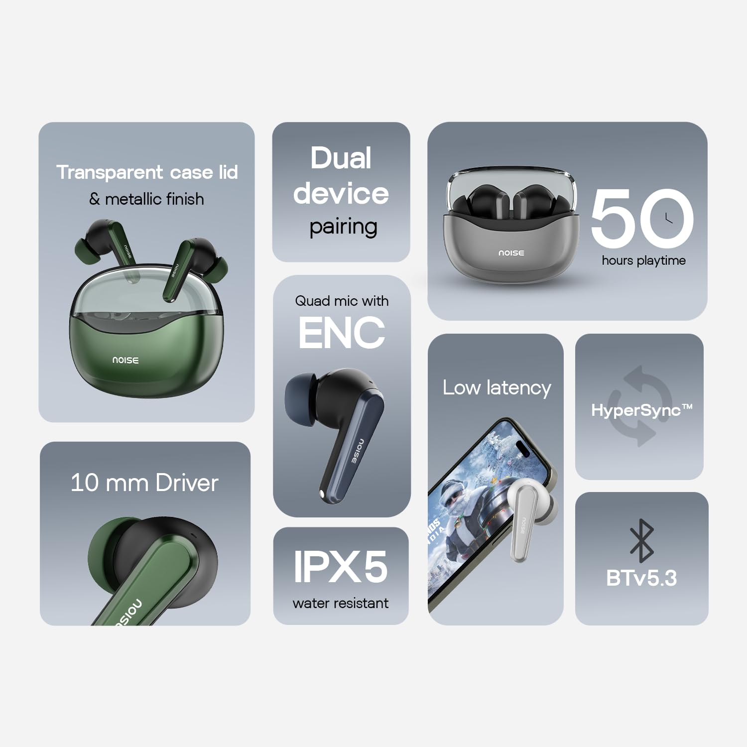 Noise Newly Launched Buds VS601 in Ear Truly Wireless Earbuds with 50H of Playtime, Transparent Case Lid, Quad Mic ENC, Dual Device Pairing, 10Mm Driver, BT V5.3 (Graphite Black) — Amazon image 2