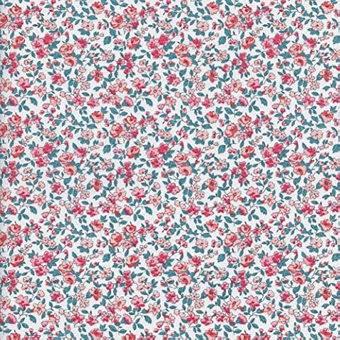 Textiles français La fleur de la liberté fabric - coral and pink flowers with green leaves on white base cloth | 100% Cotton Print | 160 cm (63 inches) wide | Per half metre length increment* Cover