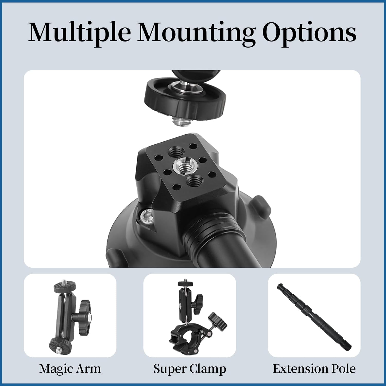 CNC Machined 3in Suction Cup Camera Mount with Ball Head Magic Arm, 1/4" ARRI Holes, Quick Release Car Mount with Phone Holder & Action Camera Adapter Compatible with DJI OSMO Pocket 3 Insta360 iPhone - Image 5