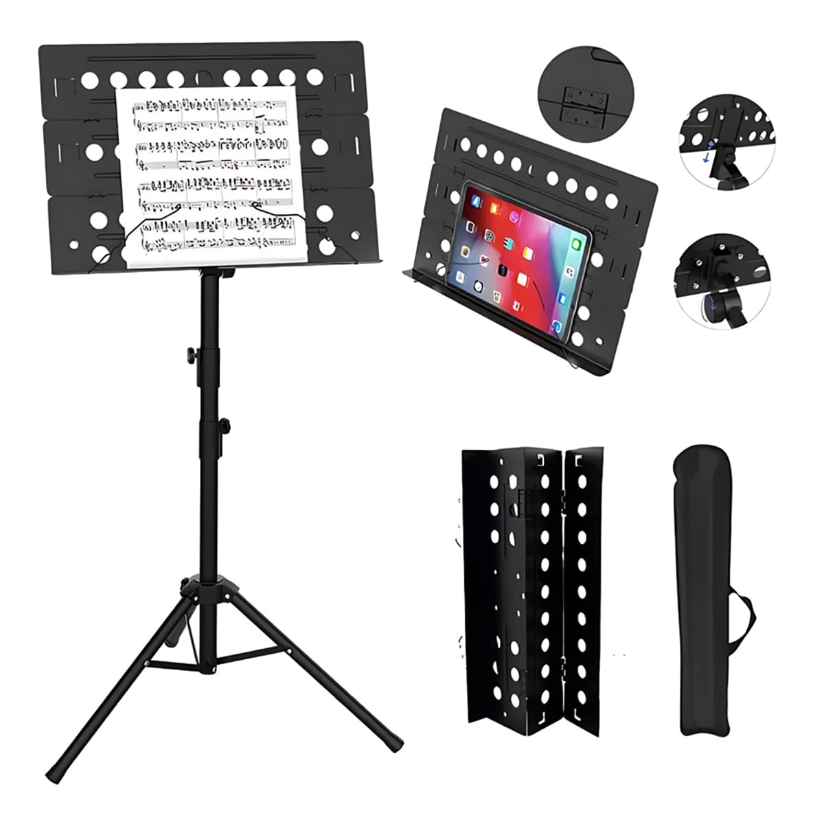 Sheet Music Stand, Portable Music Holder with Tri-fold Panel Adjustable Metal Music Score Lectern 180ºFolding Music Book Holder with Tripod Base Bag for Guitar Ukulele Violin Home Studio 79-145cm