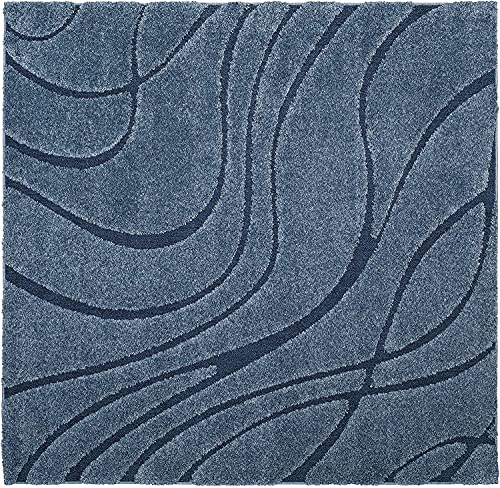 Image of (Pack of 2 Geometric Wave Square Shaggy Carpet for Living Room, Bedroom, High Low Design Finish Microfiber 1.8 Inch Pile High, 8x8 Feet Royal Blue|Blue Color