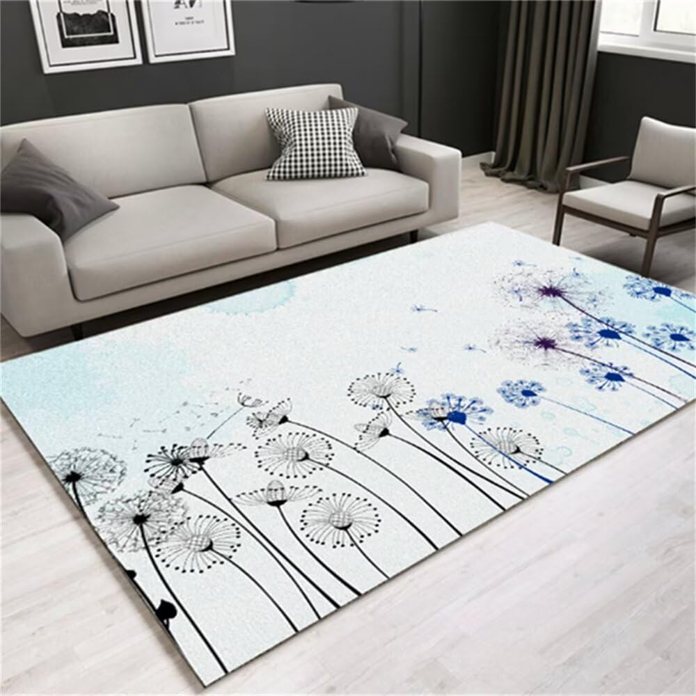 Accessoires de chambre lavables avec ce grand tapis de sol floral bleu rectangulaire
